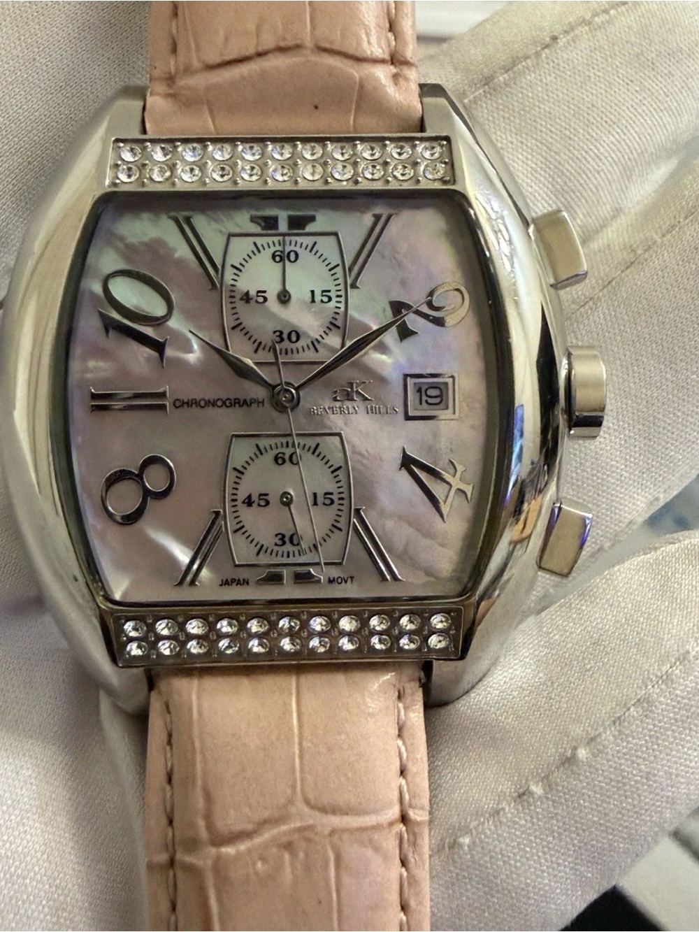 Adee Kaye Beverly Hills Sport Chronograph Pink MOP Swarovski Crystal Watch